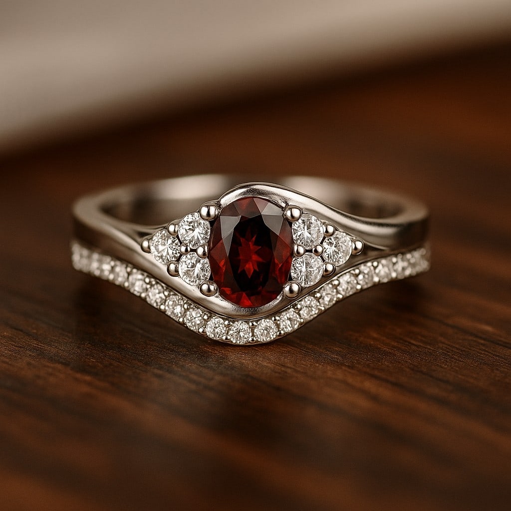Natural Garnet Gemstone & Lab Grown Diamonds Silver Ring (1 of 7)