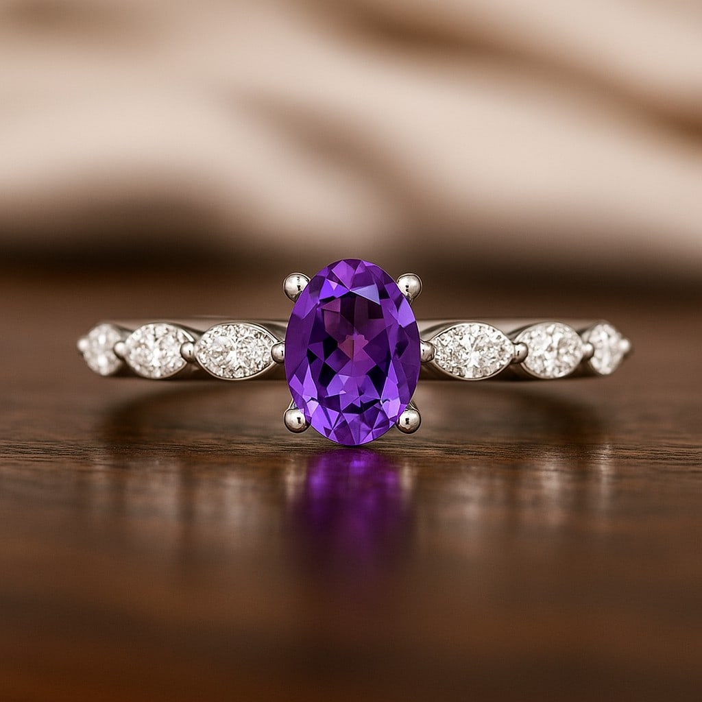 Natural Amethyst Gemstone & Lab Grown Diamonds Silver Ring: Natural Amethyst Gemstone & Lab Grown Diamonds Silver Ring Jewelry Type : Ring Gemstone : Natural Amethyst Gemstone Shape : Oval Gemstone Size : 7x5 MM Gemstone Quantity : 1 Piece Diamond Ty