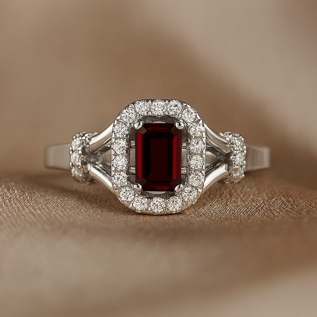 Natural Garnet Gemstone & Lab Grown Diamonds Silver Ring: Natural Garnet Gemstone & Lab Grown Diamonds Silver Ring Jewelry Type : Ring Gemstone : Natural Garnet Gemstone Shape : Emerald Gemstone Size : 6x4 MM Gemstone Quantity : 1 Piece Diamond Typ