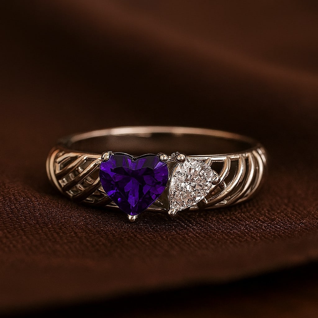 Natural Amethyst Gemstone & Lab Grown Diamonds Silver Ring: Natural Amethyst Gemstone & Lab Grown Diamonds Silver Ring Jewelry Type : Ring Gemstone : Natural Amethyst Gemstone Shape : Heart Gemstone Size : 6 MM Gemstone Quantity : 1 Piece Diamond Typ