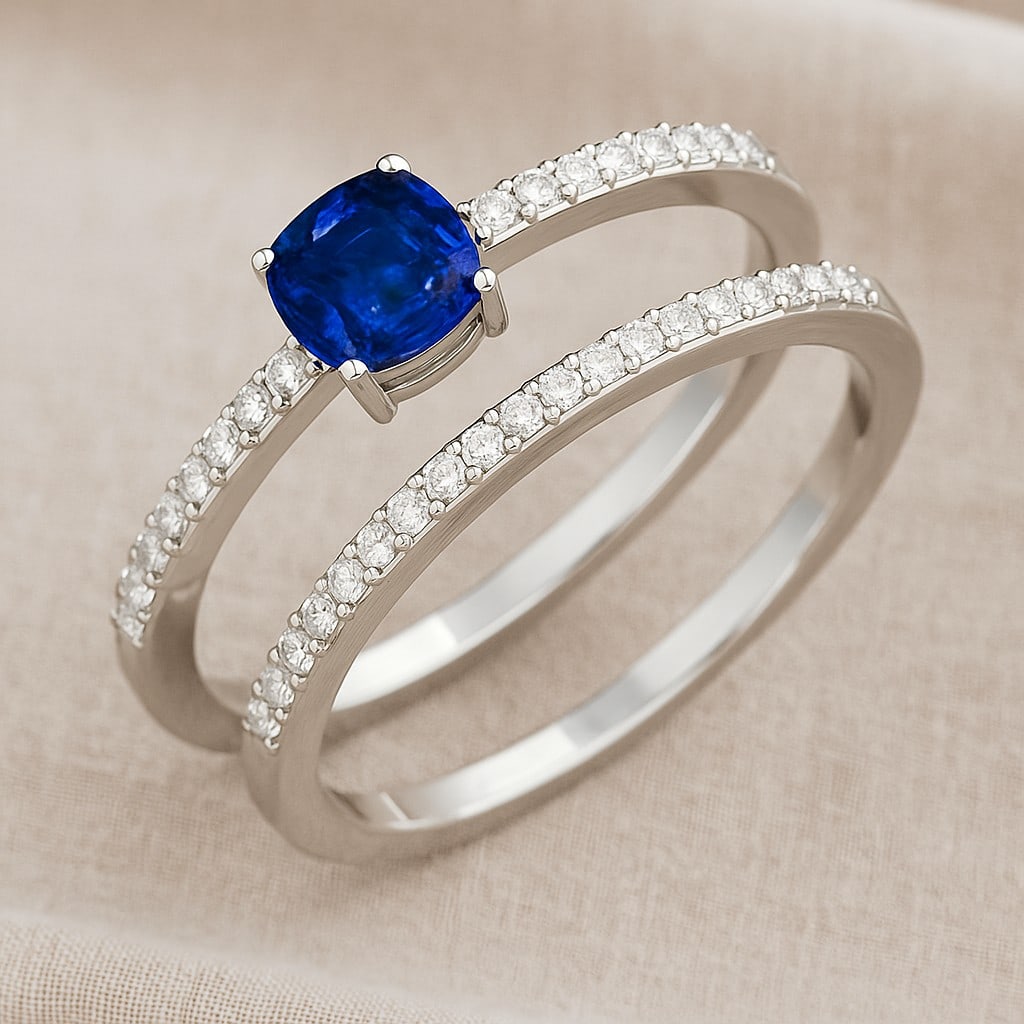 Natural Blue Sapphire Gemstone & Lab Grown Diamonds Silver Ring (1 of 7)