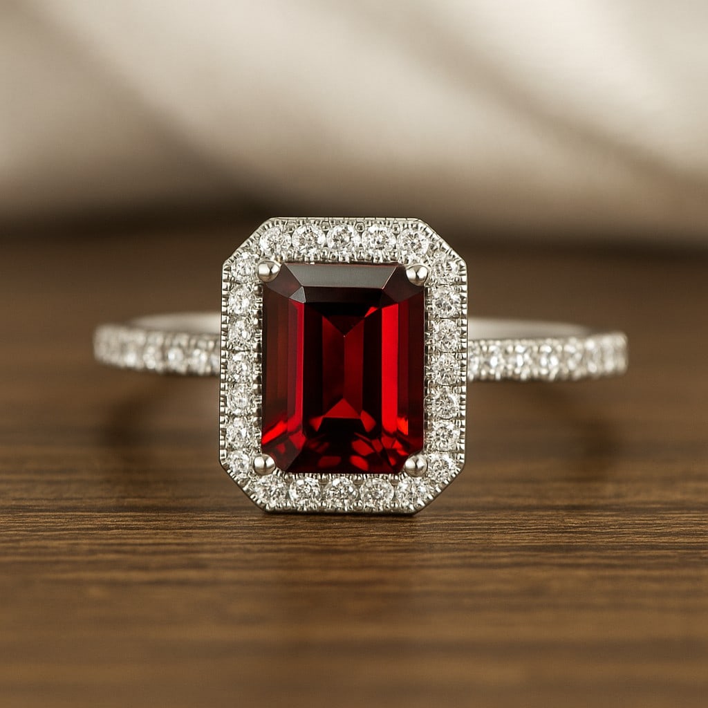 Natural Garnet Gemstone & Lab Grown Diamonds Silver Ring (1 of 7)