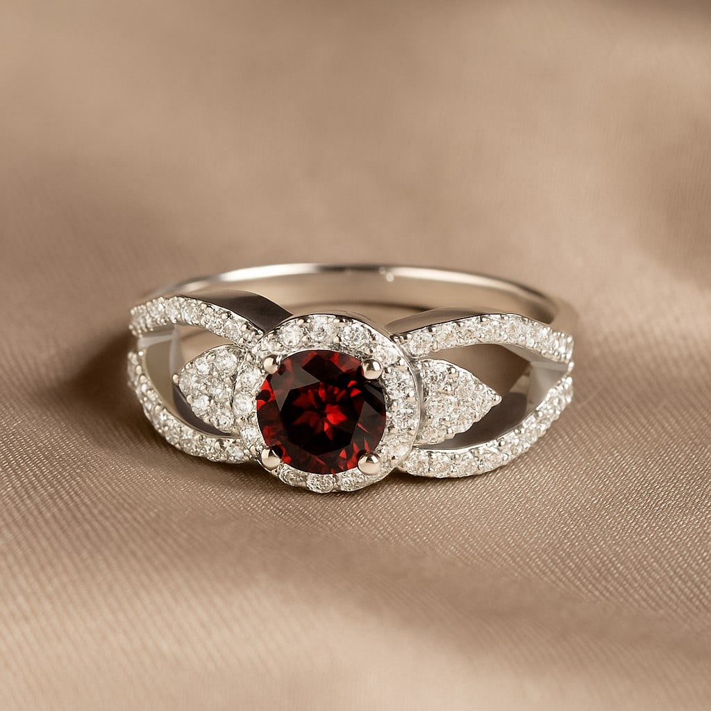 Natural Garnet Gemstone & Lab Grown Diamonds Silver Ring (1 of 7)