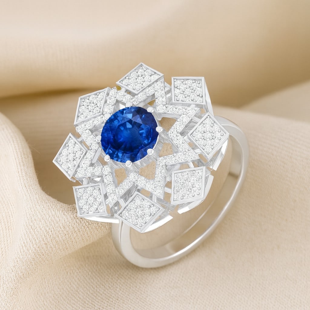 Natural Blue Sapphire Gemstone & Lab Grown Diamonds Silver Ring: Natural Blue Sapphire Gemstone & Lab Grown Diamonds Silver Ring Jewelry Type : Ring Gemstone : Natural Blue Sapphire Gemstone Shape : Round Gemstone Size : 7 MM Gemstone Quantity : 1 Piece D
