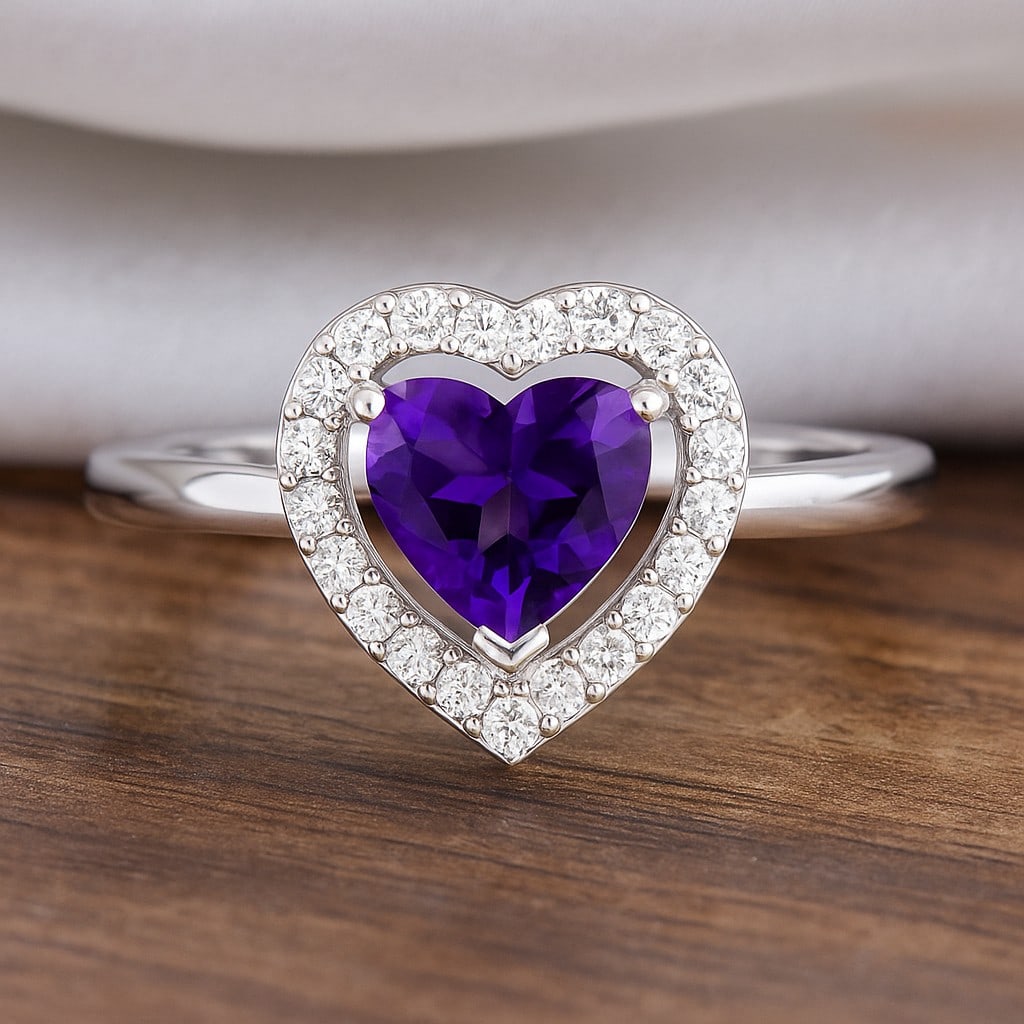 Natural Amethyst Gemstone & Lab Grown Diamonds Silver Ring: Natural Amethyst Gemstone & Lab Grown Diamonds Silver Ring Jewelry Type : Ring Gemstone : Natural Amethyst Gemstone Shape : Heart Gemstone Size : 6 MM Gemstone Quantity : 1 Piece Diamond Typ
