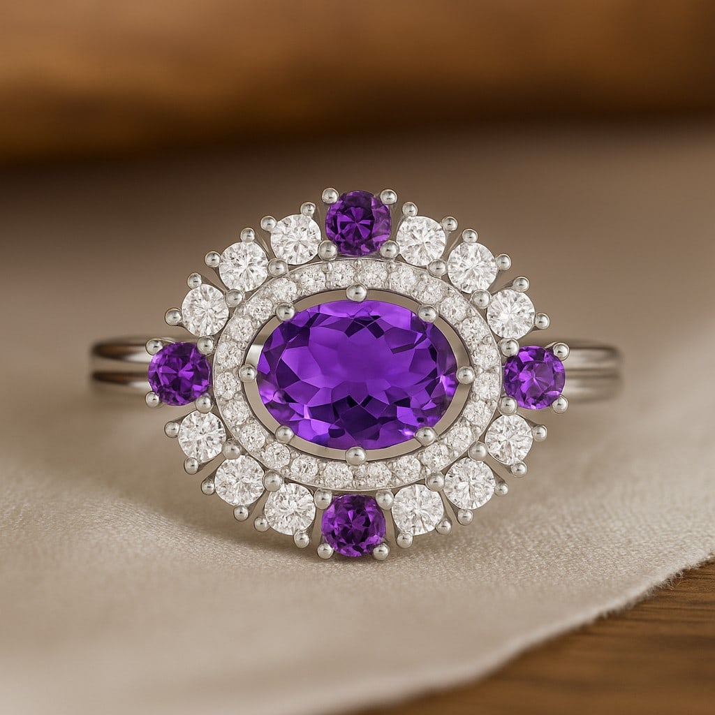 Natural Amethyst Gemstone & Lab Grown Diamonds Silver Ring: Natural Amethyst Gemstone & Lab Grown Diamonds Silver Ring Jewelry Type : Ring Gemstone : Natural Amethyst Gemstone Shape : Oval, Round Gemstone Size : 8x6 MM, 2.5 MM Gemstone Quantity : 1 Piece, 4