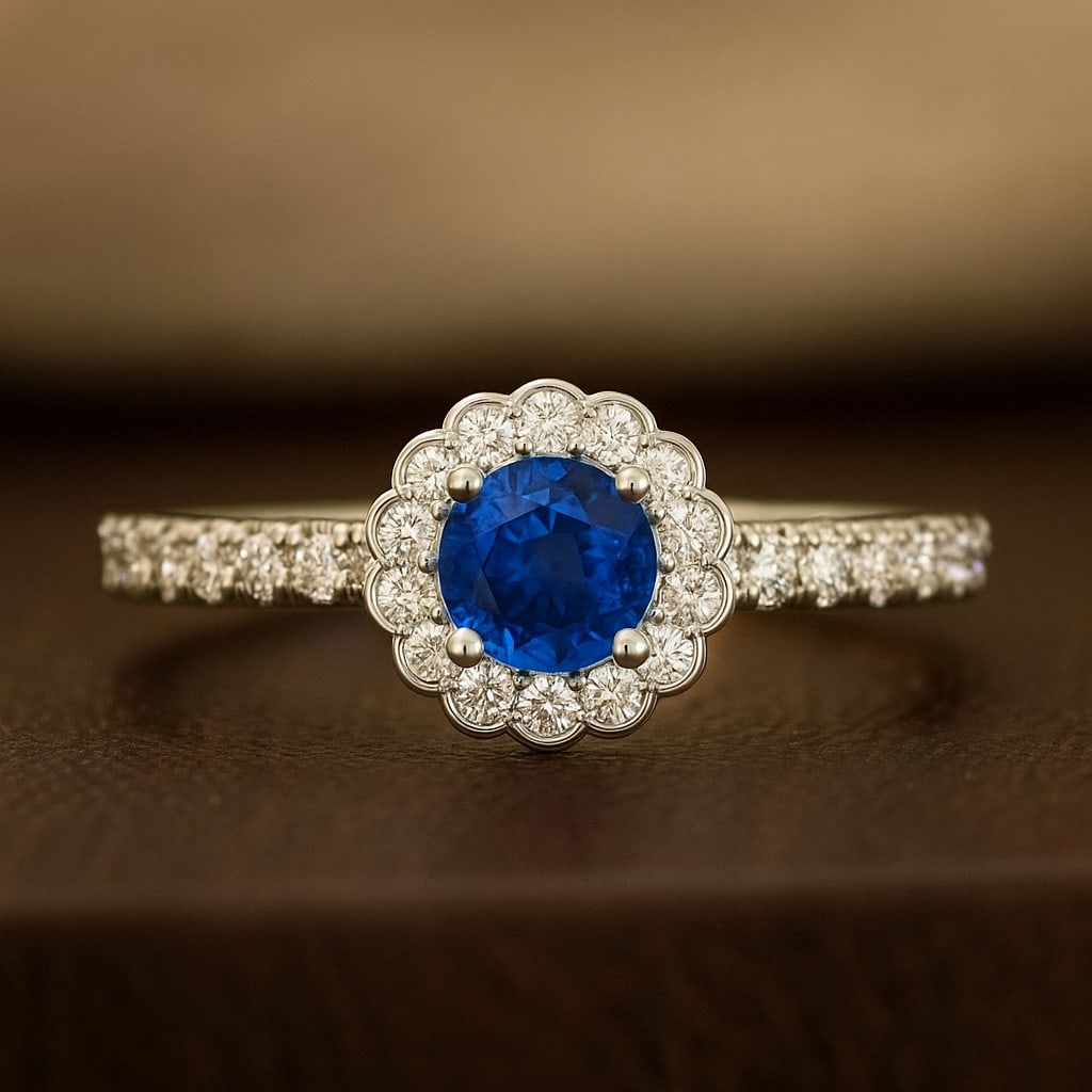 Natural Blue Sapphire Gemstone & Lab Grown Diamonds Silver Ring (1 of 7)