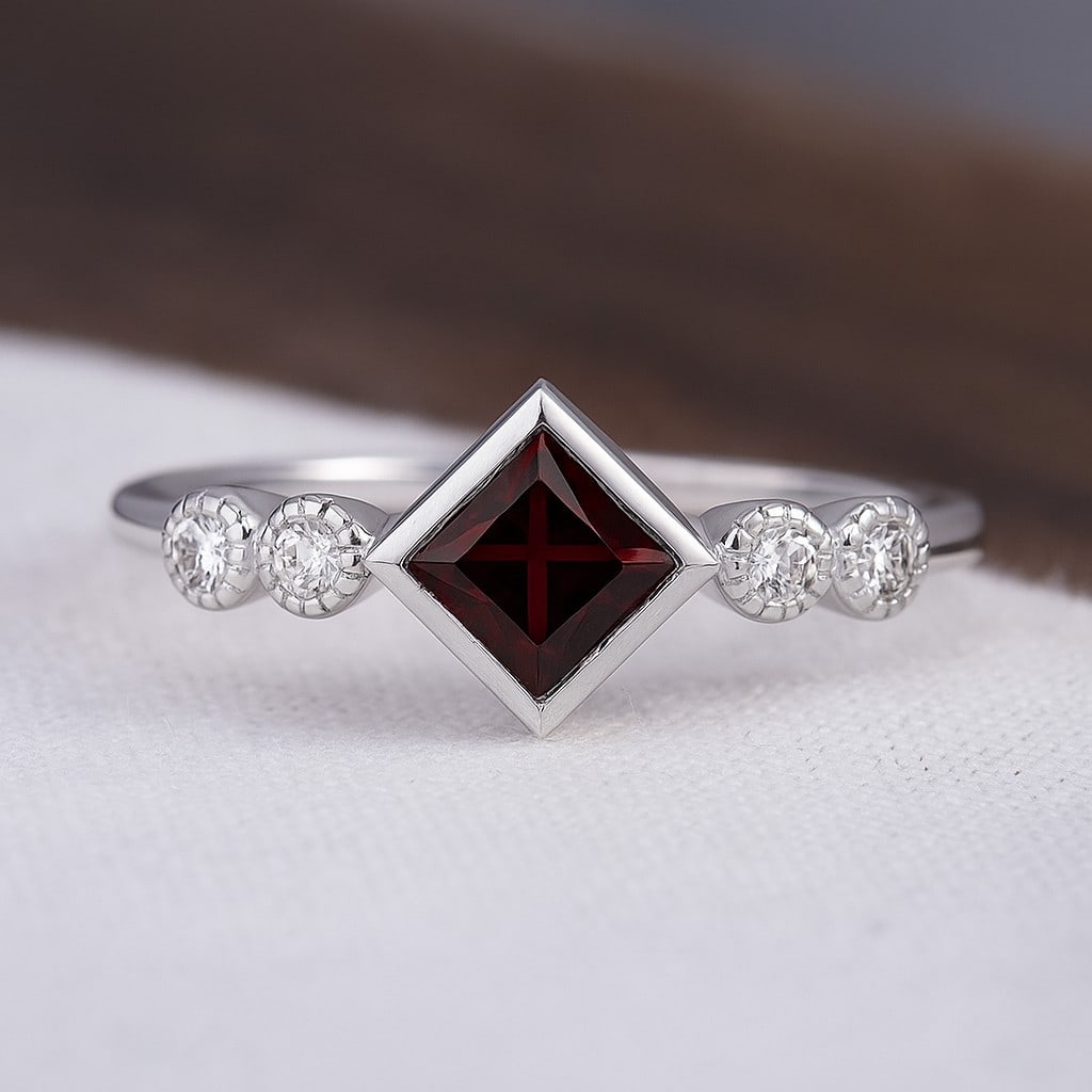 Natural Garnet Gemstone & Lab Grown Diamonds Silver Ring: Natural Garnet Gemstone & Lab Grown Diamonds Silver Ring Jewelry Type : Ring Gemstone : Natural Garnet Gemstone Shape : Princess Gemstone Size : 4 MM Gemstone Quantity : 1 Piece Diamond Type