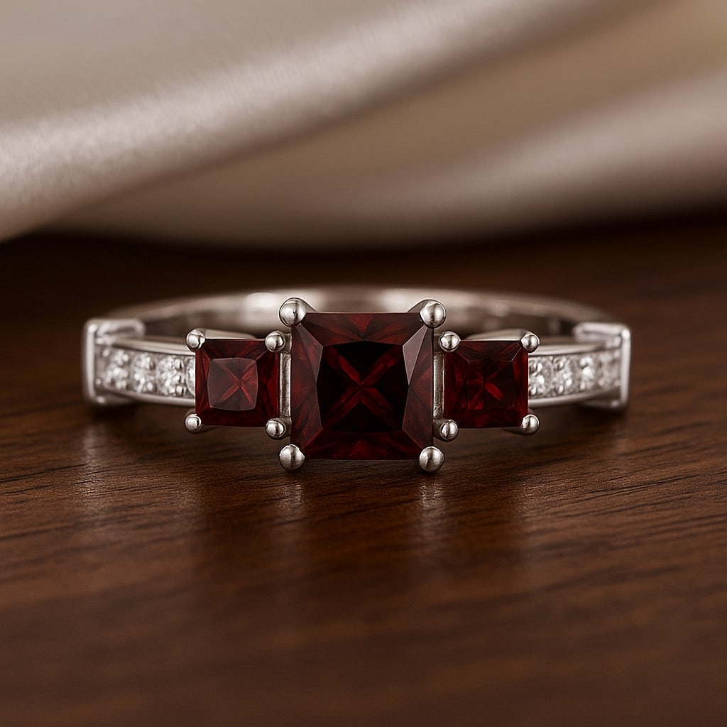 Natural Garnet Gemstone & Lab Grown Diamonds Silver Ring (1 of 7)