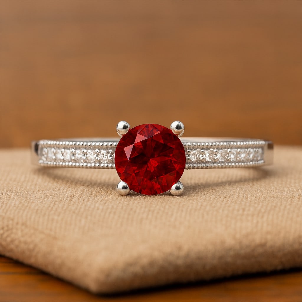 Natural Garnet Gemstone & Lab Grown Diamonds Silver Ring: Natural Garnet Gemstone & Lab Grown Diamonds Silver Ring Jewelry Type : Ring Gemstone : Natural Garnet Gemstone Shape : Round Gemstone Size : 5 MM Gemstone Quantity : 1 Piece Diamond Type :
