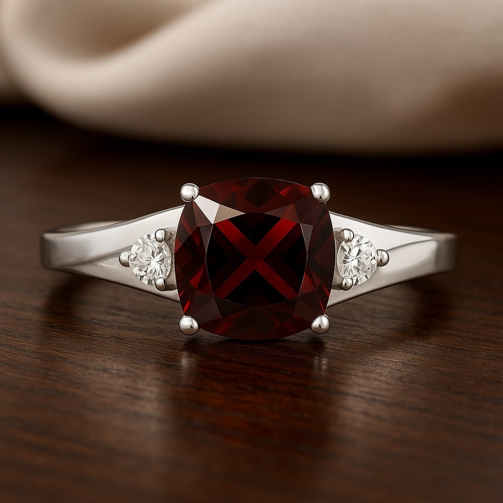Natural Garnet Gemstone & Lab Grown Diamonds Silver Ring: Natural Garnet Gemstone & Lab Grown Diamonds Silver Ring Jewelry Type : Ring Gemstone : Natural Garnet Gemstone Shape : Cushion Square Gemstone Size : 8 MM Gemstone Quantity : 1 Piece Diamon