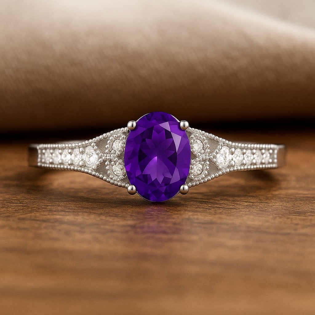 Natural Amethyst Gemstone & Lab Grown Diamonds Silver Ring: Natural Amethyst Gemstone & Lab Grown Diamonds Silver Ring Jewelry Type : Ring Gemstone : Natural Amethyst Gemstone Shape : Oval Gemstone Size : 7x5 MM Gemstone Quantity : 1 Piece Diamond Ty