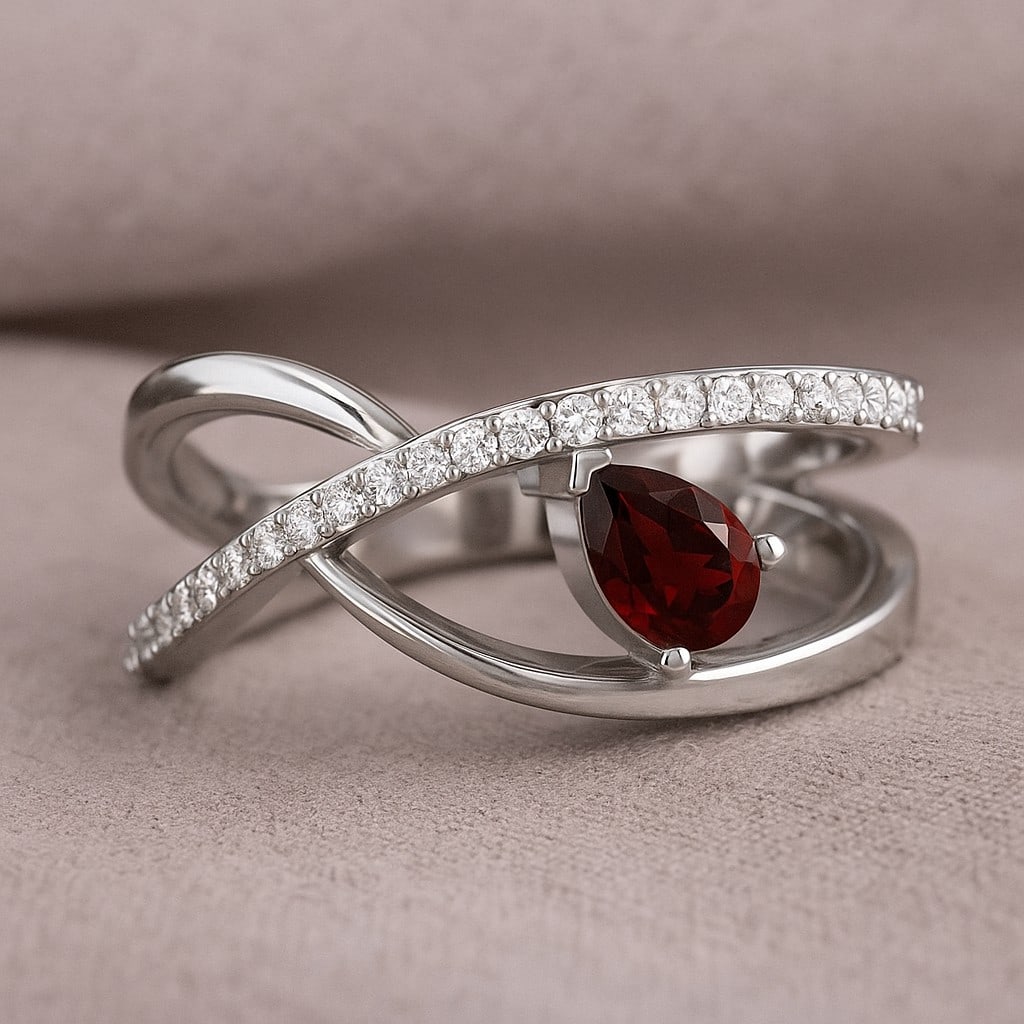 Natural Garnet Gemstone & Lab Grown Diamonds Silver Ring (1 of 7)