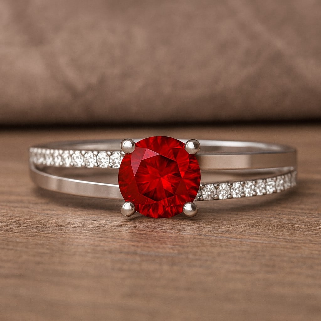 Natural Garnet Gemstone & Lab Grown Diamonds Silver Ring: Natural Garnet Gemstone & Lab Grown Diamonds Silver Ring Jewelry Type : Ring Gemstone : Natural Garnet Gemstone Shape : Round Gemstone Size : 6 MM Gemstone Quantity : 1 Piece Diamond Type :