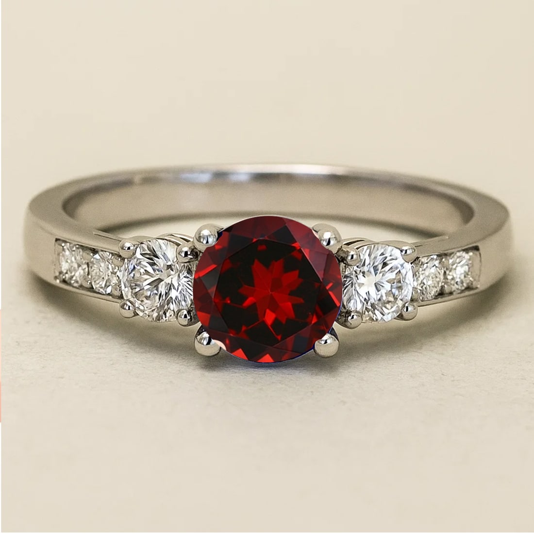 Natural Garnet Gemstone & Lab Grown Diamonds Silver Ring: Natural Garnet Gemstone & Lab Grown Diamonds Silver Ring Jewelry Type : Ring Gemstone : Natural Garnet Gemstone Shape : Round Gemstone Size : 6 MM Gemstone Quantity : 1 Piece Diamond Type :
