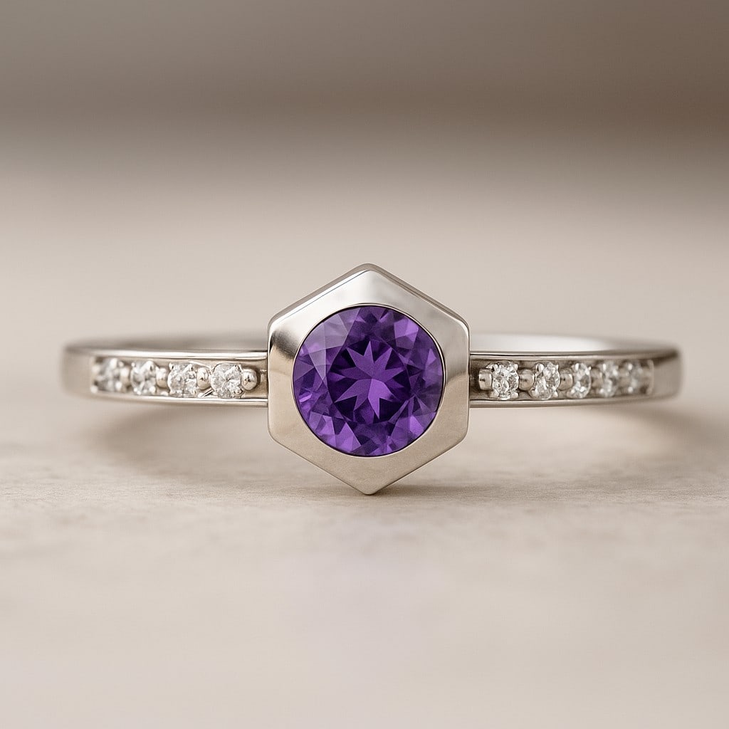 Natural Amethyst Gemstone & Lab Grown Diamonds Silver Ring: Natural Amethyst Gemstone & Lab Grown Diamonds Silver Ring Jewelry Type : Ring Gemstone : Natural Amethyst Gemstone Shape : Round Gemstone Size : 5 MM Gemstone Quantity : 1 Piece Diamond Typ