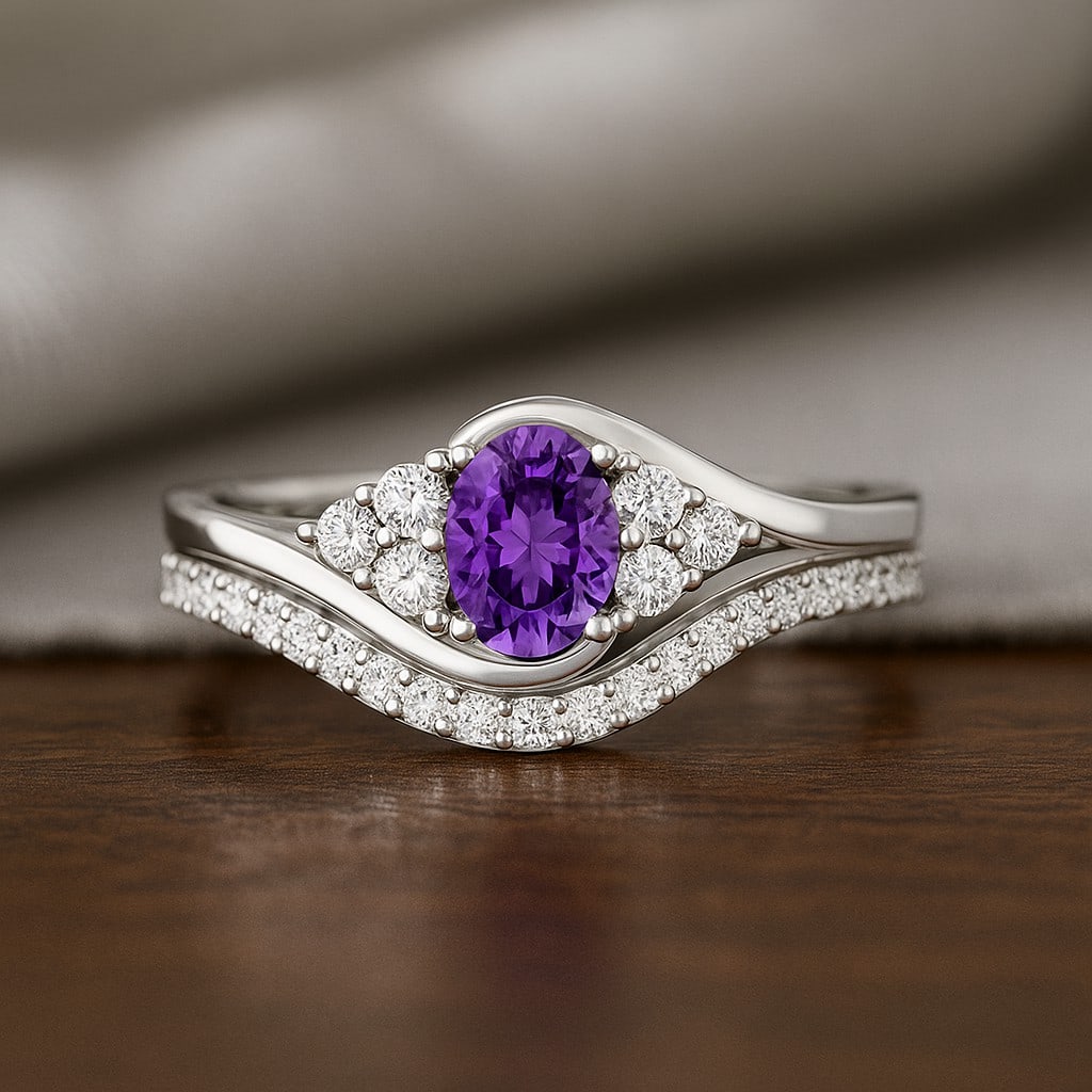 Natural Amethyst Gemstone & Lab Grown Diamonds Silver Ring: Natural Amethyst Gemstone & Lab Grown Diamonds Silver Ring Jewelry Type : Ring Gemstone : Natural Amethyst Gemstone Shape : Oval Gemstone Size : 6x4 MM Gemstone Quantity : 1 Piece Diamond Ty