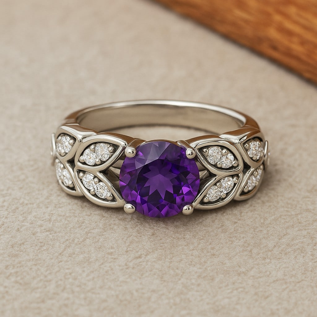 Natural Amethyst Gemstone & Lab Grown Diamonds Silver Ring: Natural Amethyst Gemstone & Lab Grown Diamonds Silver Ring Jewelry Type : Ring Gemstone : Natural Amethyst Gemstone Shape : Round Gemstone Size : 7 MM Gemstone Quantity : 1 Piece Diamond Typ