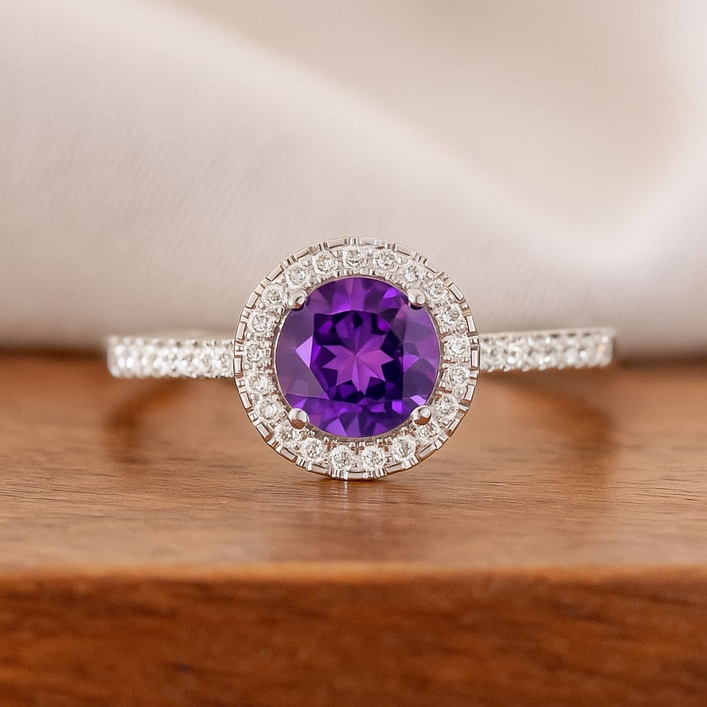Natural Amethyst Gemstone & Lab Grown Diamonds Silver Ring: Natural Amethyst Gemstone & Lab Grown Diamonds Silver Ring Jewelry Type : Ring Gemstone : Natural Amethyst Gemstone Shape : Round Gemstone Size : 7 MM Gemstone Quantity : 1 Piece Diamond Typ