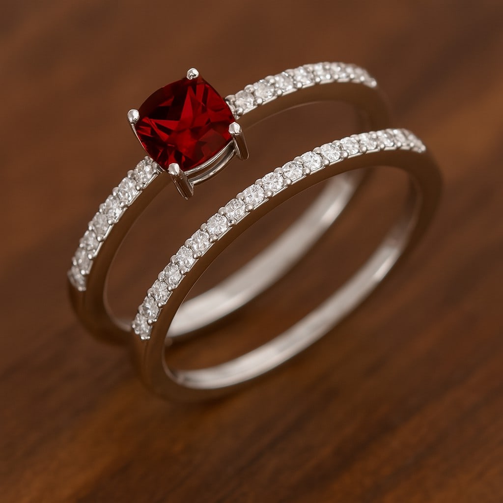 Natural Garnet Gemstone & Lab Grown Diamonds Silver Ring: Natural Garnet Gemstone & Lab Grown Diamonds Silver Ring Jewelry Type : Ring Gemstone : Natural Garnet Gemstone Shape : Cushion Square Gemstone Size : 5 MM Gemstone Quantity : 1 Piece Diamon