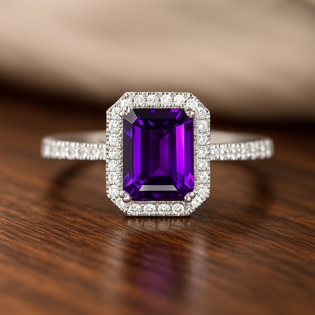 Natural Amethyst Gemstone & Lab Grown Diamonds Silver Ring: Natural Amethyst Gemstone & Lab Grown Diamonds Silver Ring Jewelry Type : Ring Gemstone : Natural Amethyst Gemstone Shape : Emerald Gemstone Size : 8x6 MM Gemstone Quantity : 1 Piece Diamond