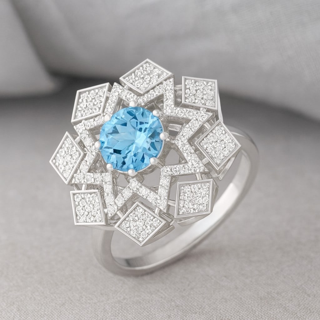 Natural Aquamarine Gemstone & Lab Grown Diamonds Silver Ring: Natural Aquamarine Gemstone & Lab Grown Diamonds Silver Ring Jewelry Type : Ring Gemstone : Natural Aquamarine Gemstone Shape : Round Gemstone Size : 7 MM Gemstone Quantity : 1 Piece Diamond
