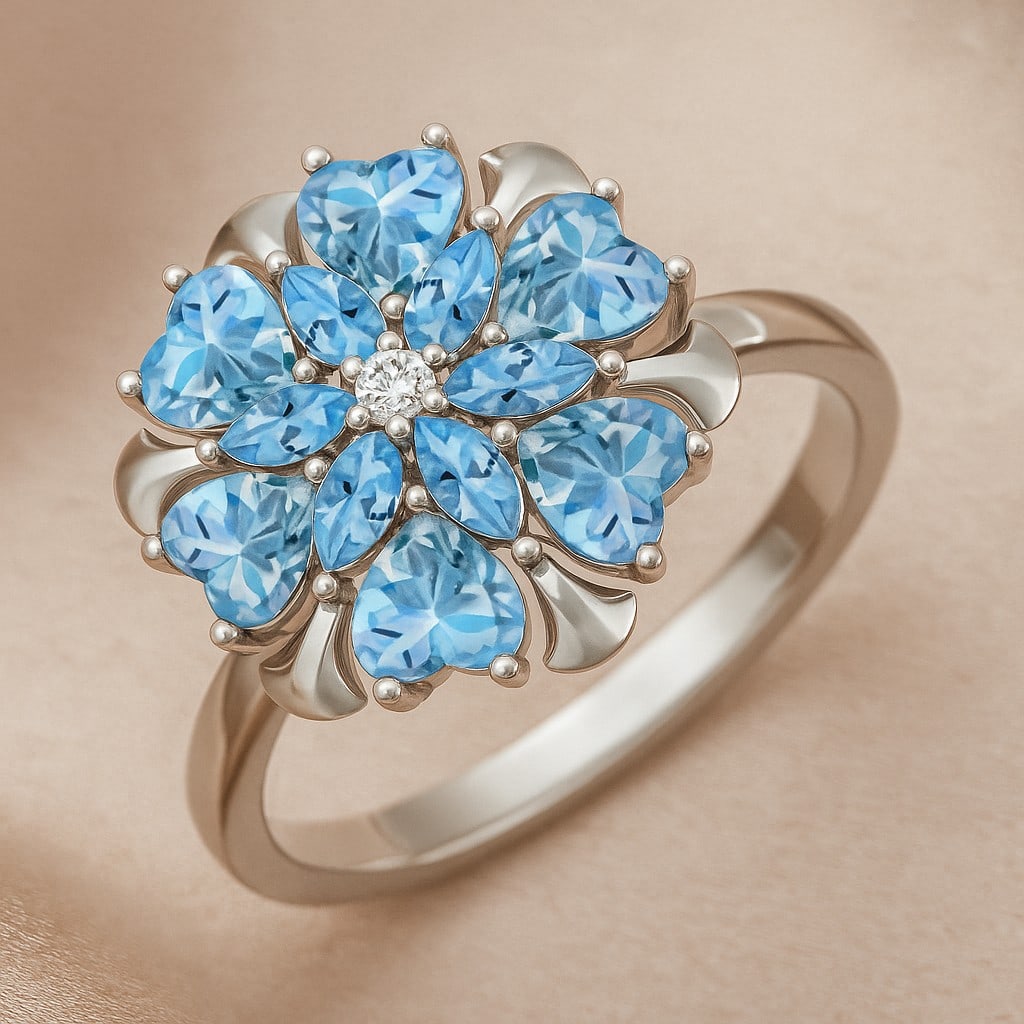 Natural Aquamarine Gemstone & Lab Grown Diamonds Silver Ring: Natural Aquamarine Gemstone & Lab Grown Diamonds Silver Ring Jewelry Type : Ring Gemstone : Natural Aquamarine Gemstone Shape : Heart, Marquise Gemstone Size : 4 MM, 4x2 MM Gemstone Quantity : 12 P