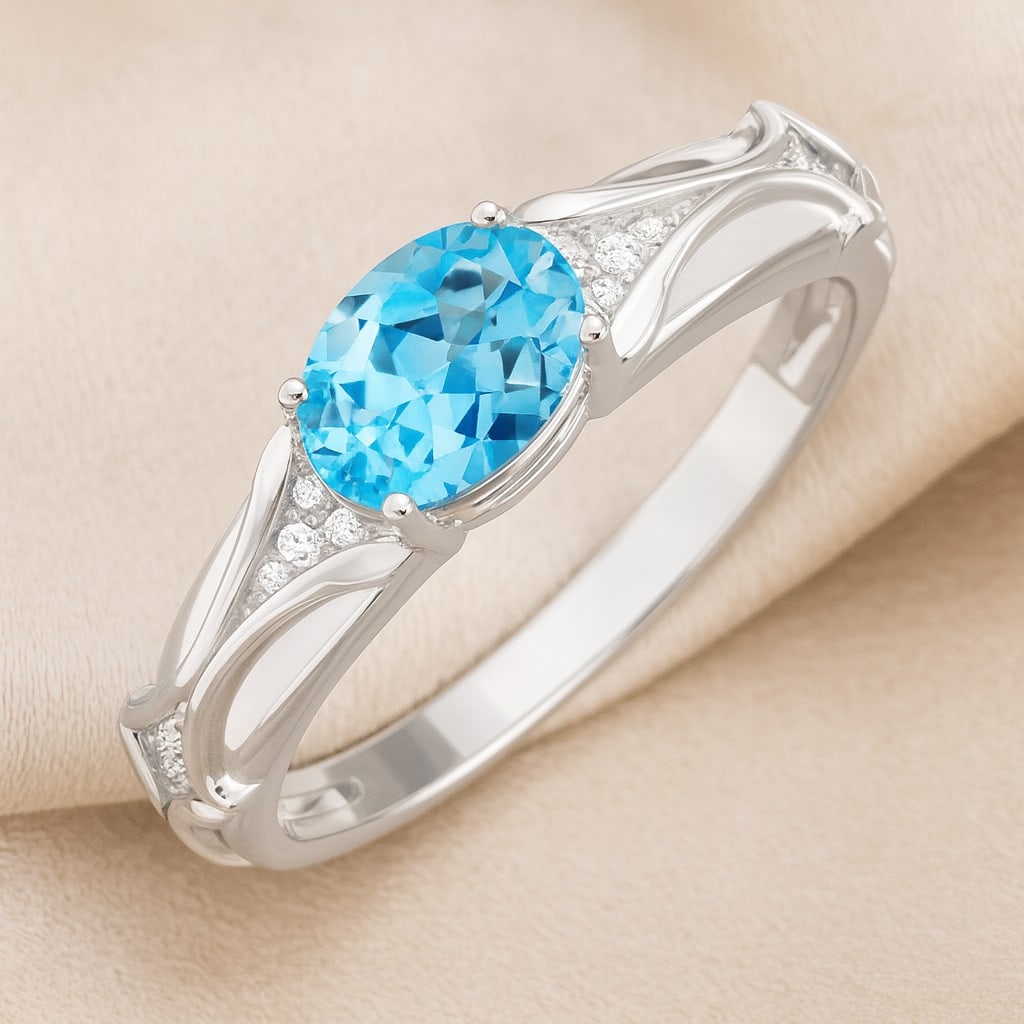 Natural Aquamarine Gemstone & Lab Grown Diamonds Silver Ring (1 of 7)