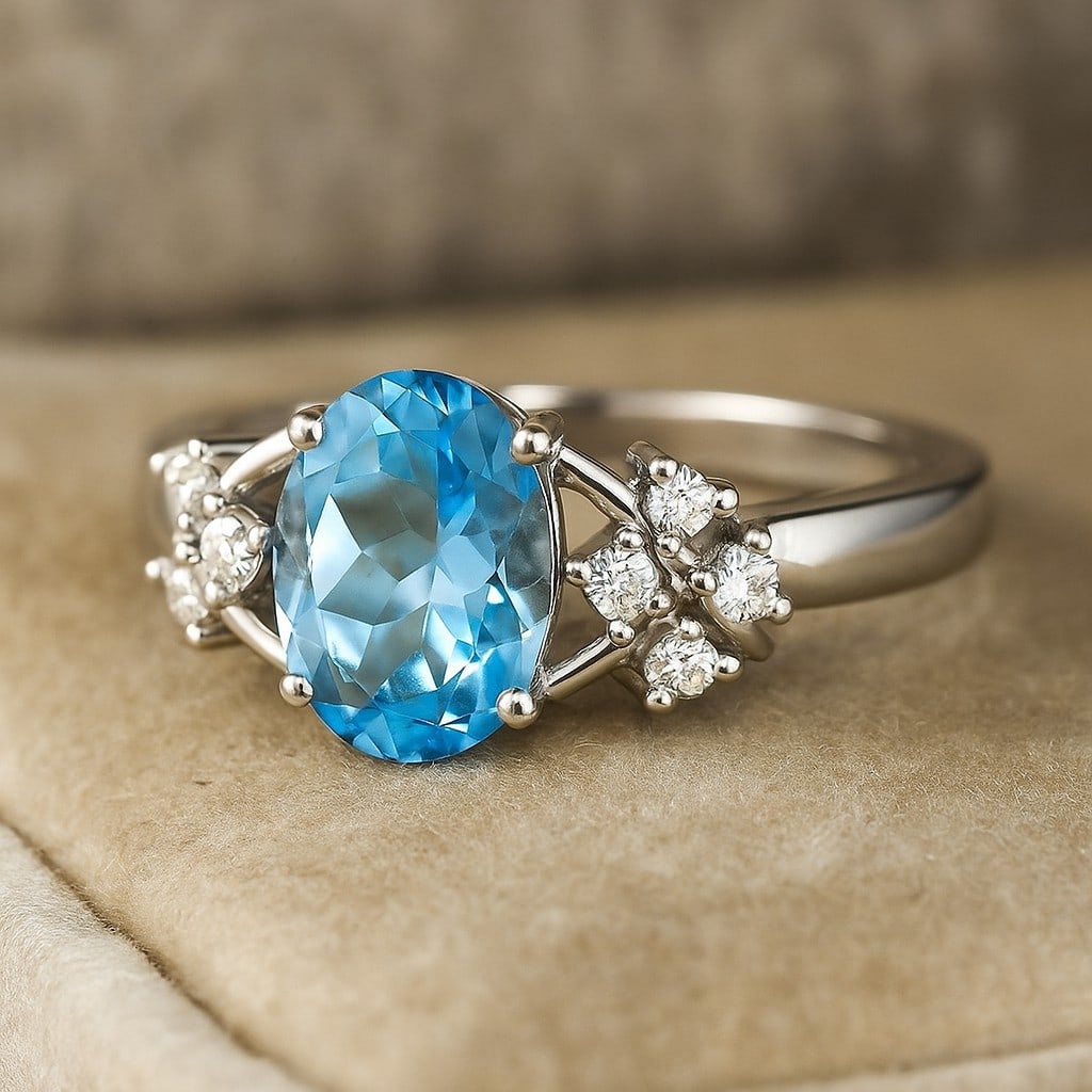 Natural Aquamarine Gemstone & Lab Grown Diamonds Silver Ring (1 of 7)