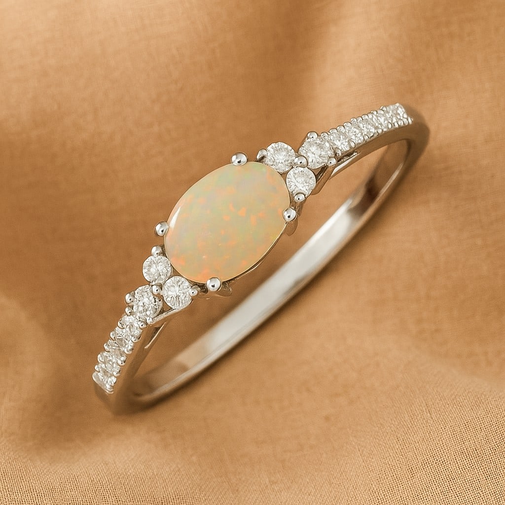 Natural Opal Gemstone & Lab Grown Diamonds Silver Ring (1 of 7)