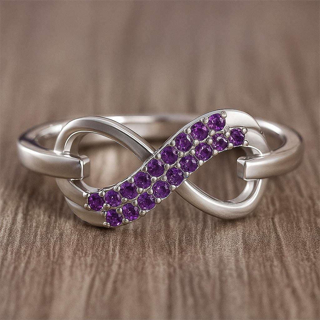 Natural Amethyst Gemstone & Lab Grown Diamonds Silver Ring (1 of 7)