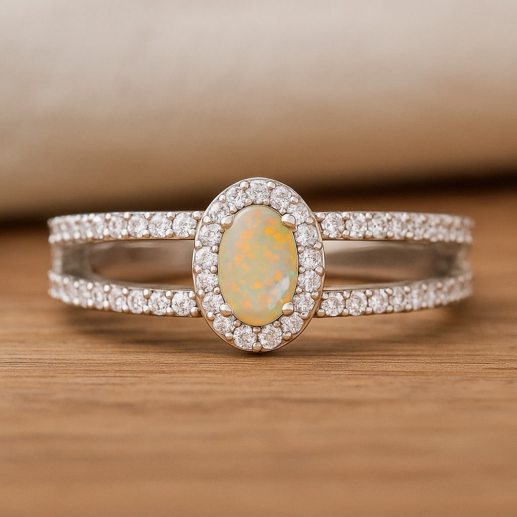 Natural Opal Gemstone & Lab Grown Diamonds Silver Ring: Natural Opal Gemstone & Lab Grown Diamonds Silver Ring Jewelry Type : Ring Gemstone : Natural Opal Gemstone Shape : Oval Gemstone Size : 6x4 MM Gemstone Quantity : 1 Piece Diamond Type :