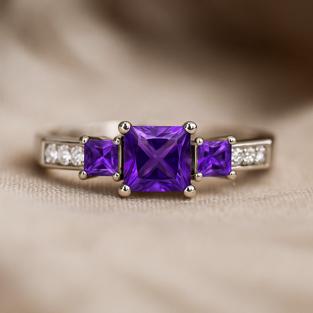 Natural Amethyst Gemstone & Lab Grown Diamonds Silver Ring: Natural Amethyst Gemstone & Lab Grown Diamonds Silver Ring Jewelry Type : Ring Gemstone : Natural Amethyst Gemstone Shape : Princess Gemstone Size : 5 MM, 3MM Gemstone Quantity : 1 Piece, 2 Pieces<
