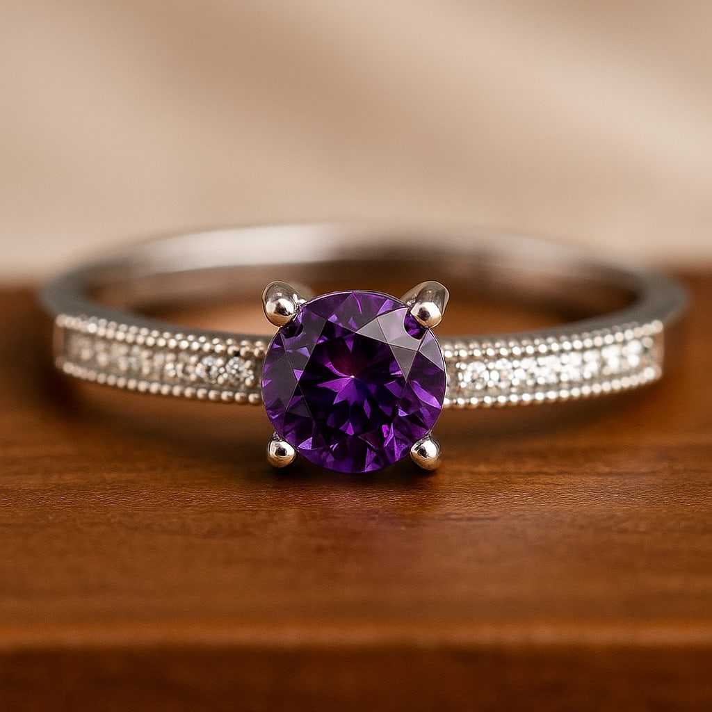 Natural Amethyst Gemstone & Lab Grown Diamonds Silver Ring: Natural Amethyst Gemstone & Lab Grown Diamonds Silver Ring Jewelry Type : Ring Gemstone : Natural Amethyst Gemstone Shape : Round Gemstone Size : 5 MM Gemstone Quantity : 1 Piece Diamond Typ
