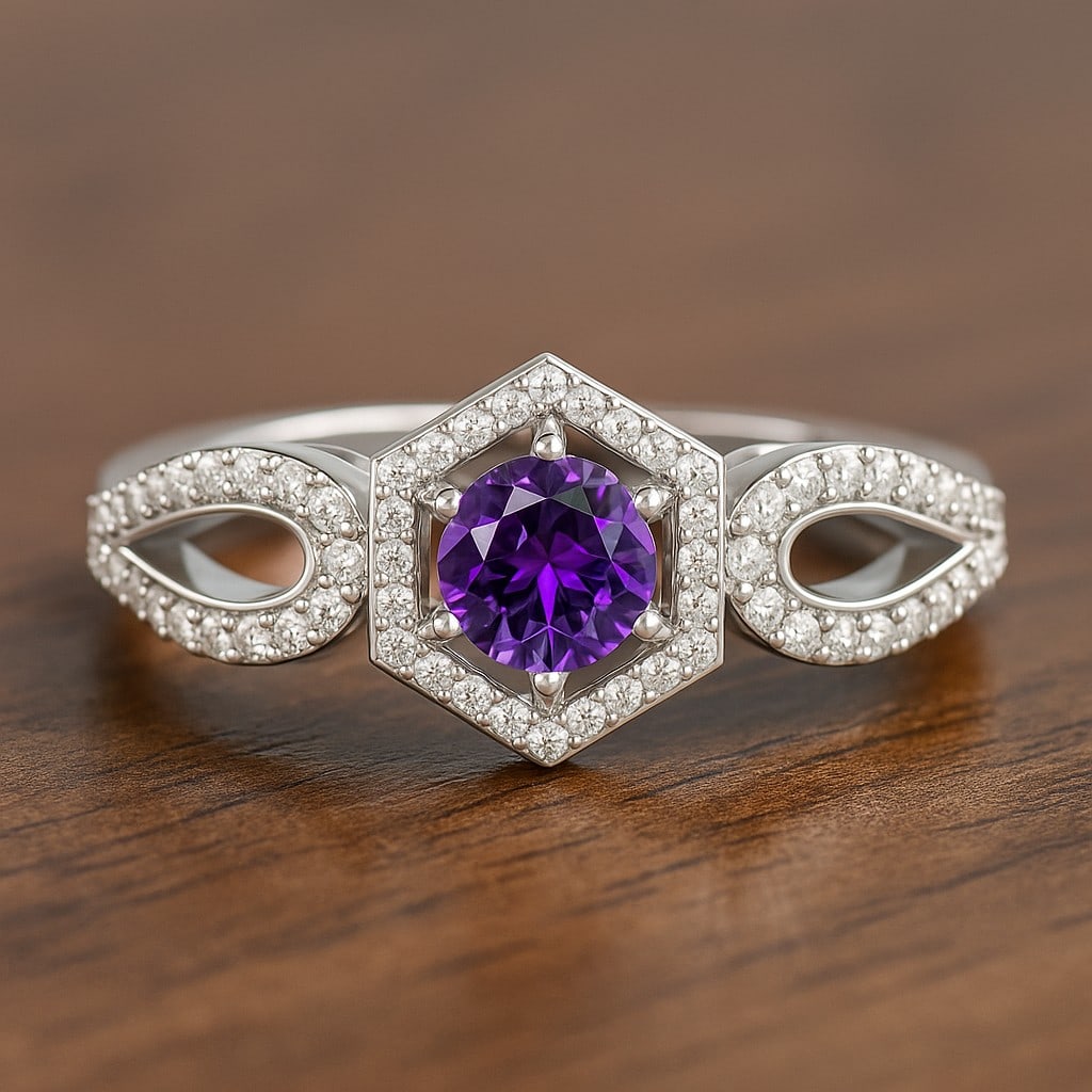 Natural Amethyst Gemstone & Lab Grown Diamonds Silver Ring: Natural Amethyst Gemstone & Lab Grown Diamonds Silver Ring Jewelry Type : Ring Gemstone : Natural Amethyst Gemstone Shape : Round Gemstone Size : 5 MM Gemstone Quantity : 1 Piece Diamond Typ