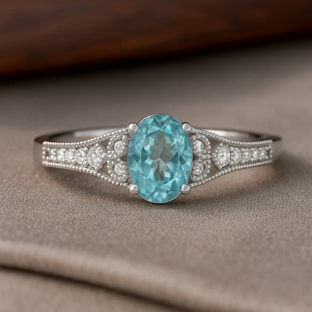 Natural Aquamarine Gemstone & Lab Grown Diamonds Silver Ring (1 of 7)