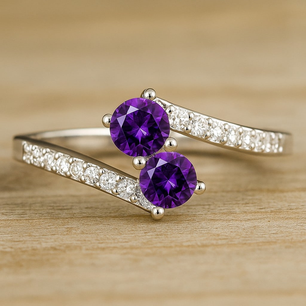 Natural Amethyst Gemstone & Lab Grown Diamonds Silver Ring (1 of 7)