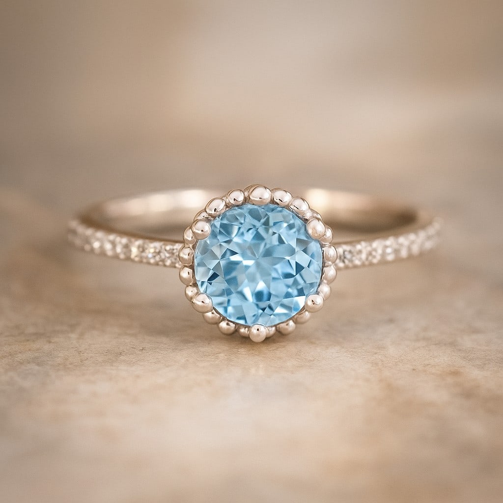 Natural Aquamarine Gemstone & Lab Grown Diamonds Silver Ring: Natural Aquamarine Gemstone & Lab Grown Diamonds Silver Ring Jewelry Type : Ring Gemstone : Natural Aquamarine Gemstone Shape : Round Gemstone Size : 7 MM Gemstone Quantity : 1 Piece Diamond