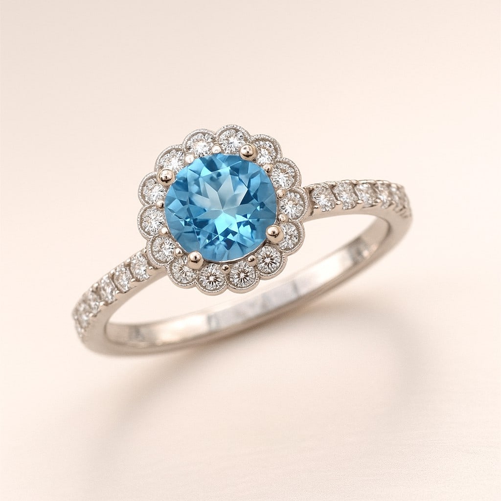 Natural Aquamarine Gemstone & Lab Grown Diamonds Silver Ring: Natural Aquamarine Gemstone & Lab Grown Diamonds Silver Ring Jewelry Type : Ring Gemstone : Natural Aquamarine Gemstone Shape : Round Gemstone Size : 7 MM Gemstone Quantity : 1 Piece Diamond