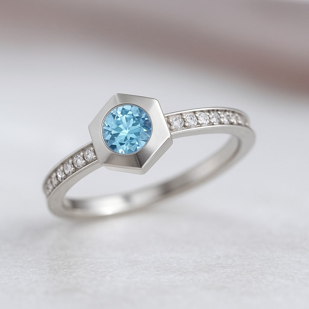 Natural Aquamarine Gemstone & Lab Grown Diamonds Silver Ring: Natural Aquamarine Gemstone & Lab Grown Diamonds Silver Ring Jewelry Type : Ring Gemstone : Natural Aquamarine Gemstone Shape : Round Gemstone Size : 5 MM Gemstone Quantity : 1 Piece Diamond