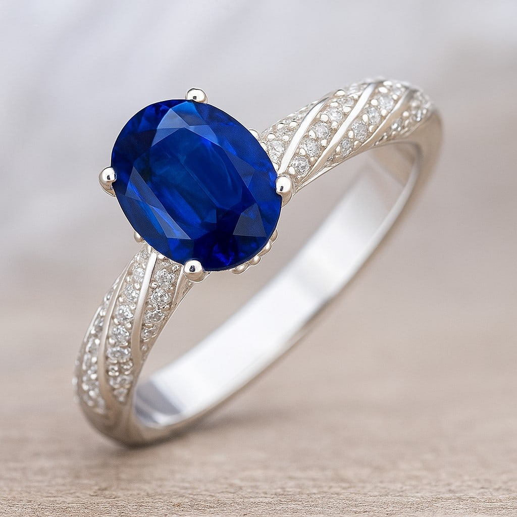 Natural Blue Sapphire Gemstone & Lab Grown Diamonds Silver Ring (1 of 7)