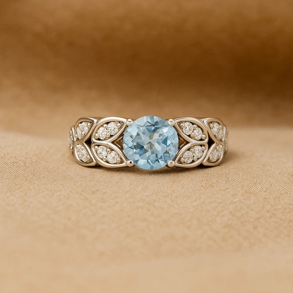 Natural Aquamarine Gemstone & Lab Grown Diamonds Silver Ring: Natural Aquamarine Gemstone & Lab Grown Diamonds Silver Ring Jewelry Type : Ring Gemstone : Natural Aquamarine Gemstone Shape : Round Gemstone Size : 7 MM Gemstone Quantity : 1 Piece Diamond