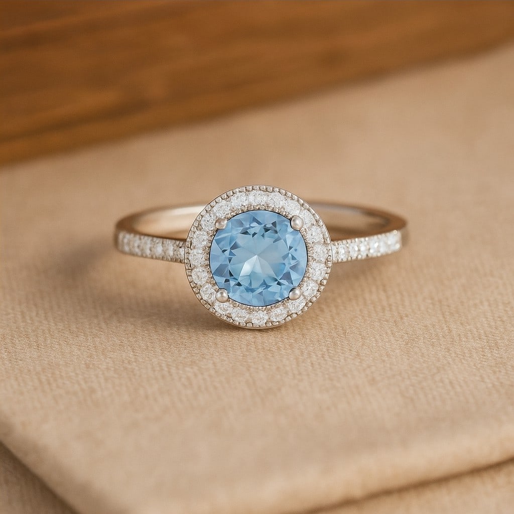 Natural Aquamarine Gemstone & Lab Grown Diamonds Silver Ring: Natural Aquamarine Gemstone & Lab Grown Diamonds Silver Ring Jewelry Type : Ring Gemstone : Natural Aquamarine Gemstone Shape : Round Gemstone Size : 7 MM Gemstone Quantity : 1 Piece Diamond