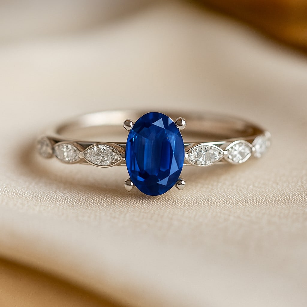 Natural Blue Sapphire Gemstone & Lab Grown Diamonds Silver Ring: Natural Blue Sapphire Gemstone & Lab Grown Diamonds Silver Ring Jewelry Type : Ring Gemstone : Natural Blue Sapphire Gemstone Shape : Oval Gemstone Size : 7x5 MM Gemstone Quantity : 1 Piece