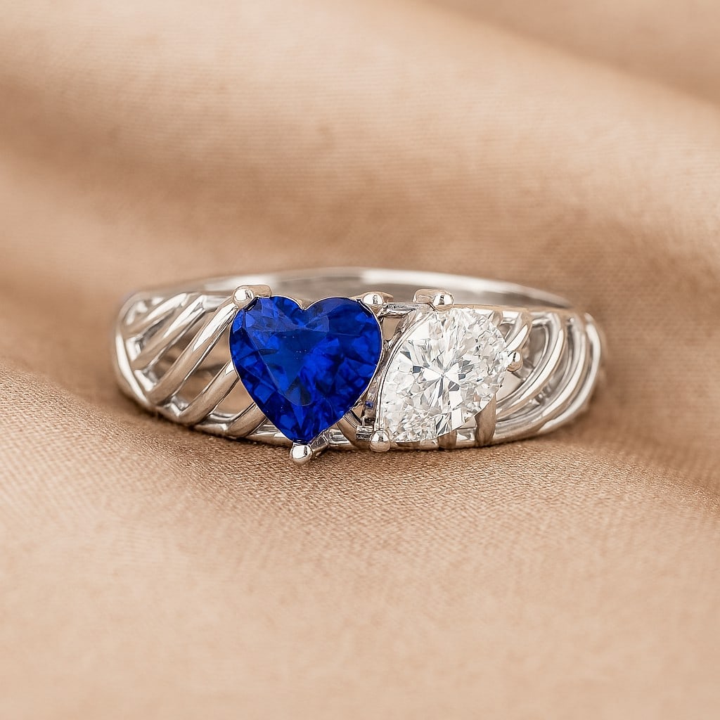 Natural Blue Sapphire Gemstone & Lab Grown Diamonds Silver Ring: Natural Blue Sapphire Gemstone & Lab Grown Diamonds Silver Ring Jewelry Type : Ring Gemstone : Natural Blue Sapphire Gemstone Shape : Heart Gemstone Size : 6 MM Gemstone Quantity : 1 Piece D
