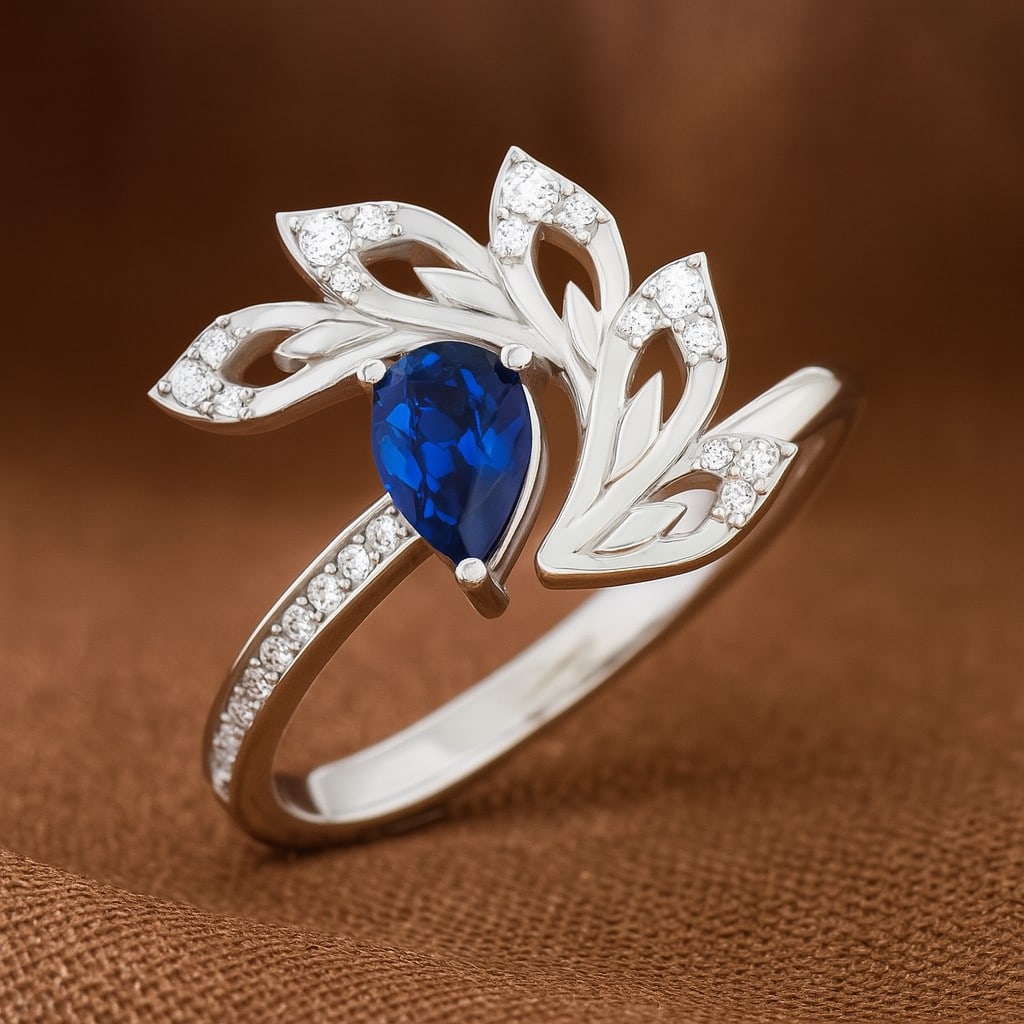 Natural Blue Sapphire Gemstone & Lab Grown Diamonds Silver Ring (1 of 7)
