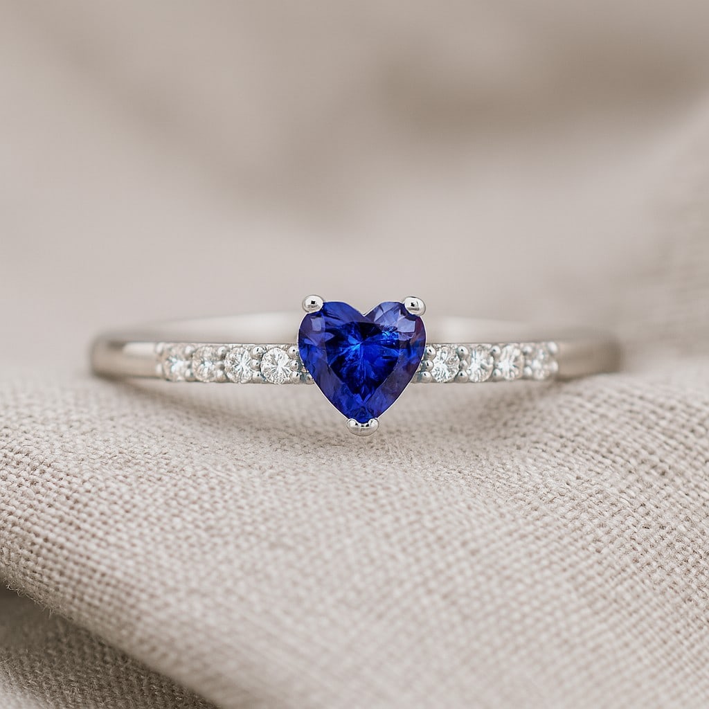 Natural Blue Sapphire Gemstone & Lab Grown Diamonds Silver Ring: Natural Blue Sapphire Gemstone & Lab Grown Diamonds Silver Ring Jewelry Type : Ring Gemstone : Natural Blue Sapphire Gemstone Shape : Heart Gemstone Size : 5 MM Gemstone Quantity : 1 Piece D