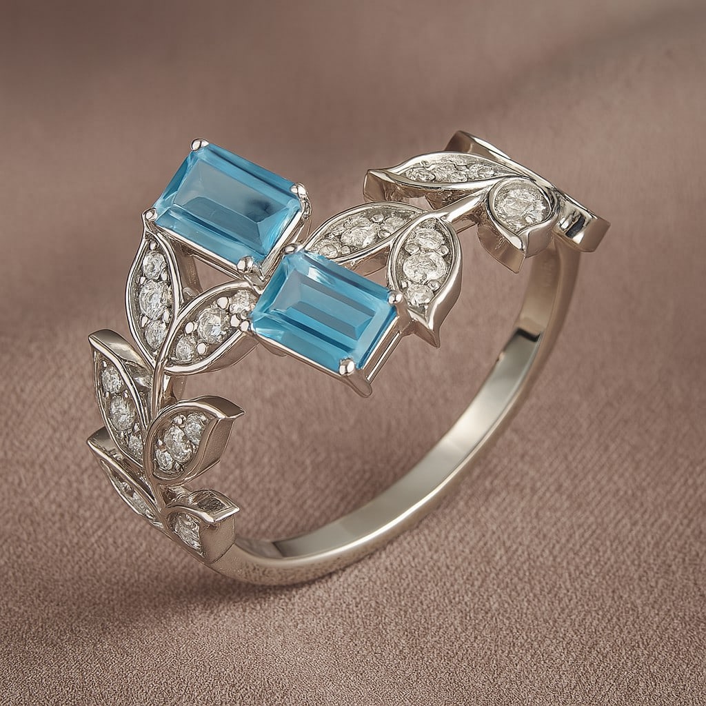 Natural Aquamarine Gemstone & Lab Grown Diamonds Silver Ring (1 of 6)