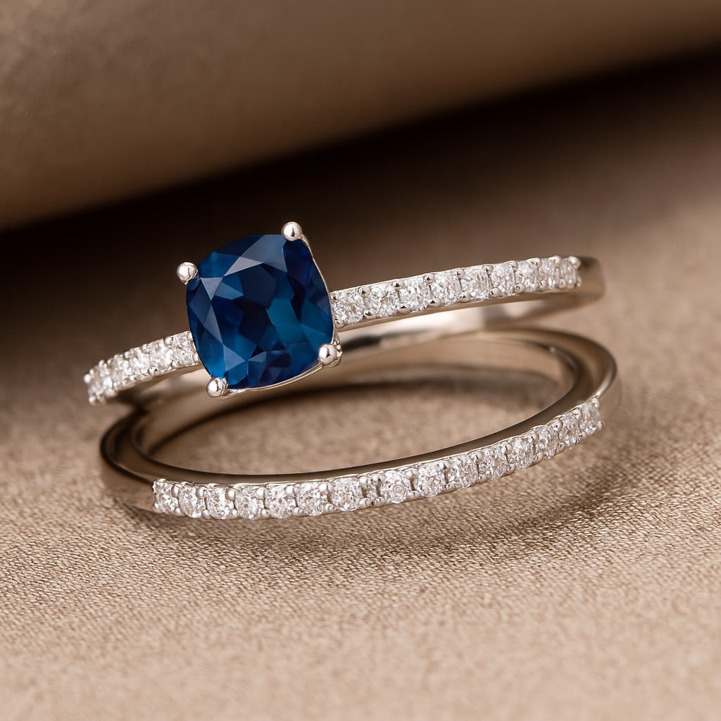 Natural London Blue Topaz Gemstone & Lab Grown Diamonds Silver Ring: Natural London Blue Topaz Gemstone & Lab Grown Diamonds Silver Ring Jewelry Type : Ring Gemstone : Natural London Blue Topaz Gemstone Shape : Cushion Square Gemstone Size : 5 MM Gemstone Quantity :