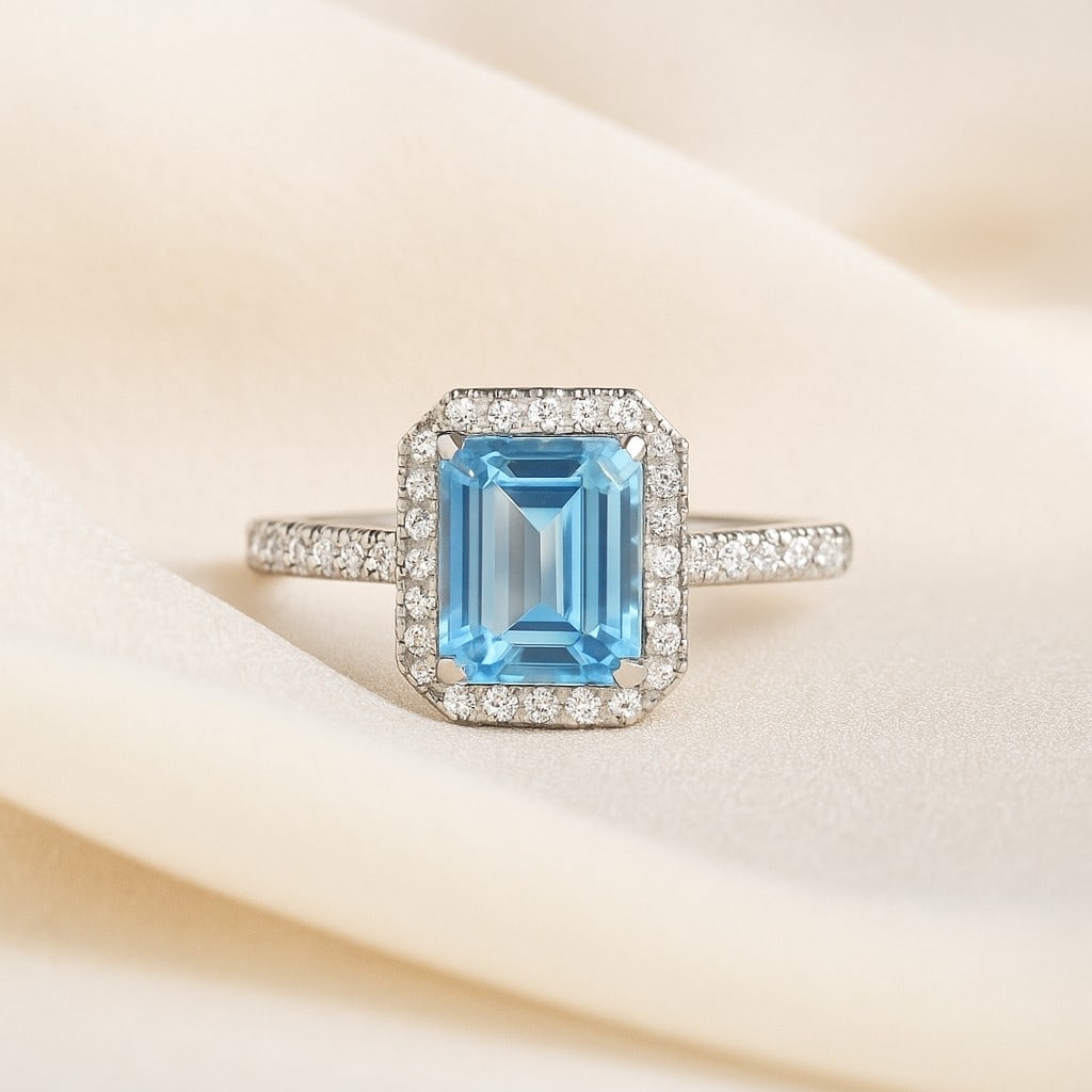 Natural Aquamarine Gemstone & Lab Grown Diamonds Silver Ring: Natural Aquamarine Gemstone & Lab Grown Diamonds Silver Ring Jewelry Type : Ring Gemstone : Natural Aquamarine Gemstone Shape : Emerald Gemstone Size : 8x6 MM Gemstone Quantity : 1 Piece Dia